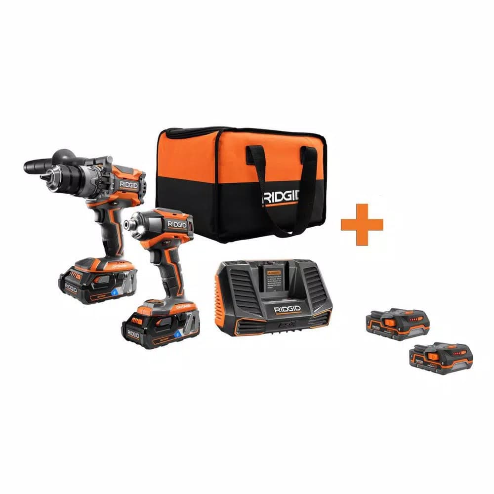 RIDGID 18V OCTANE Brushless 2-Tool Combo Kit with Hammer Drill, Impact Driver, and 4 Batteries