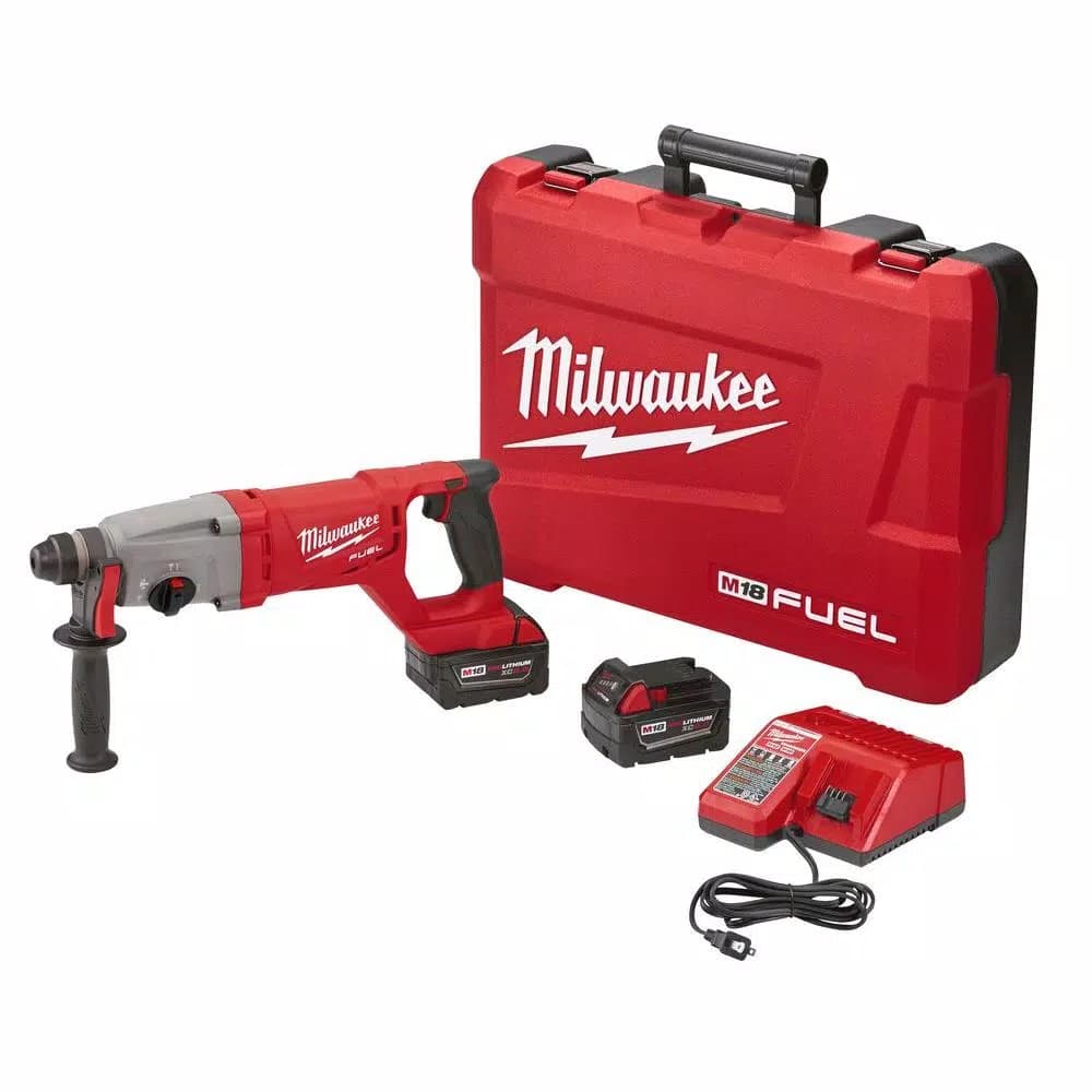 Milwaukee M18 FUEL 1 in. SDS-Plus Rotary Hammer Kit with Two 5.0 Ah Batteries and Charger