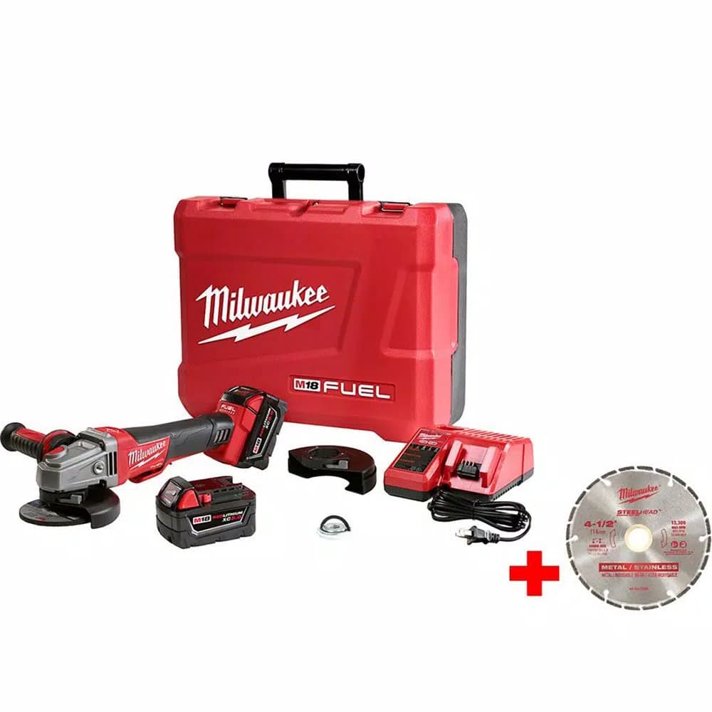 Milwaukee M18 FUEL 4-1/2"/5" Braking Angle Grinder Kit with 5.0 Ah Batteries & Diamond Blade