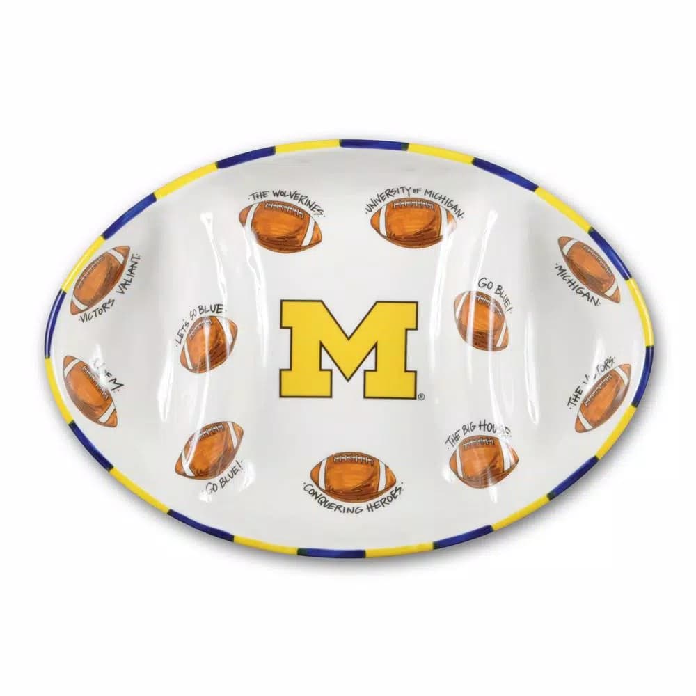 Magnolia Lane Michigan Ceramic Football Tailgating Serving Platter, 3-Section Divided Tray