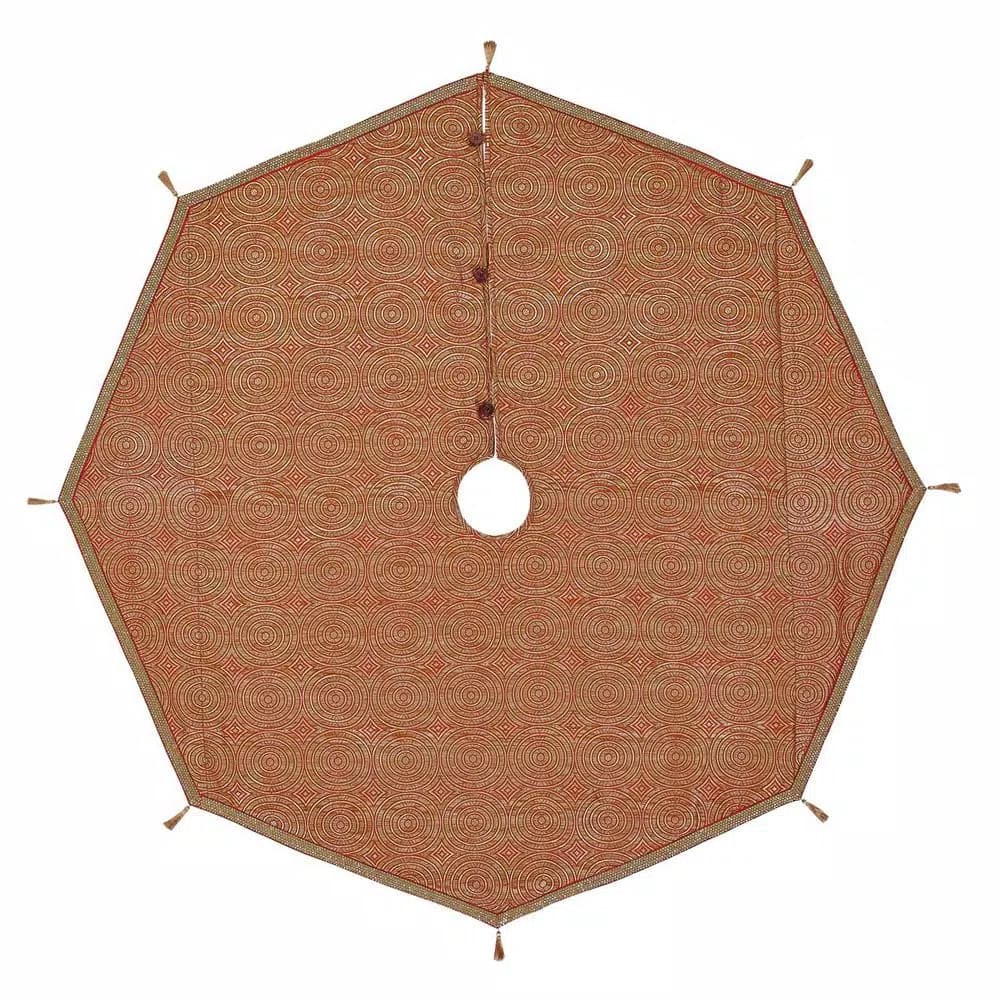 VHC Brands 60 in. Soleil Candy Apple Red & Bronze Jacquard Christmas Tree Skirt with Gold Tassels