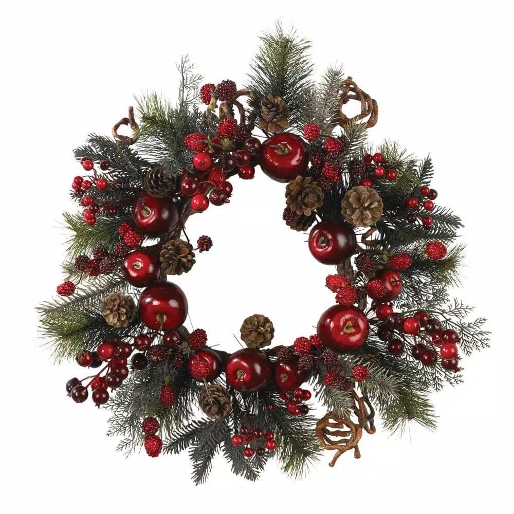 Nearly Natural 22in. Artificial Apple Berry Wreath with Pine Cones and Lush Greenery
