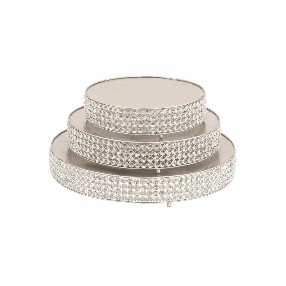 LITTON LANE Silver Iron Round Cake Stands with Crystal Bead Edge Detailing and Ball Feet, Set of 3