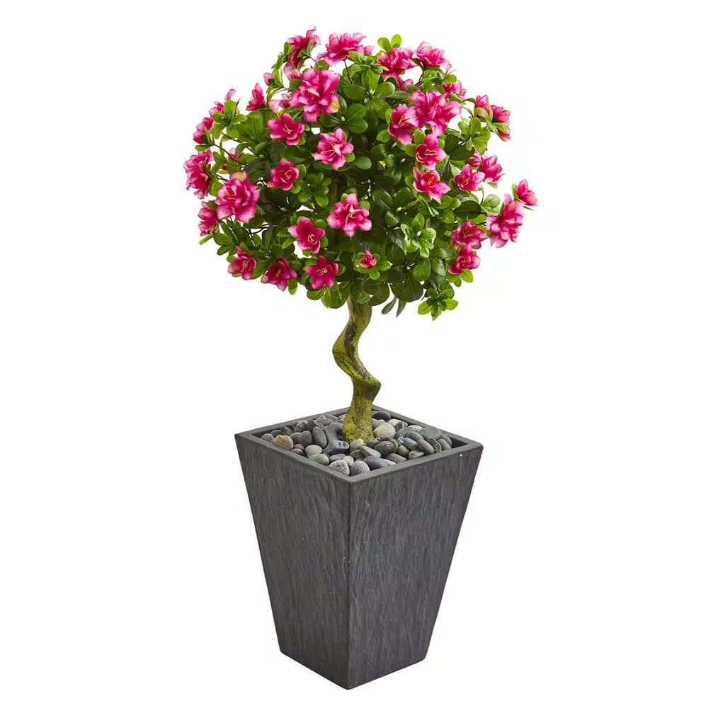 Nearly Natural 3.5-Ft. Artificial Azalea Topiary Tree with Pink Blossoms in Slate Finished Planter