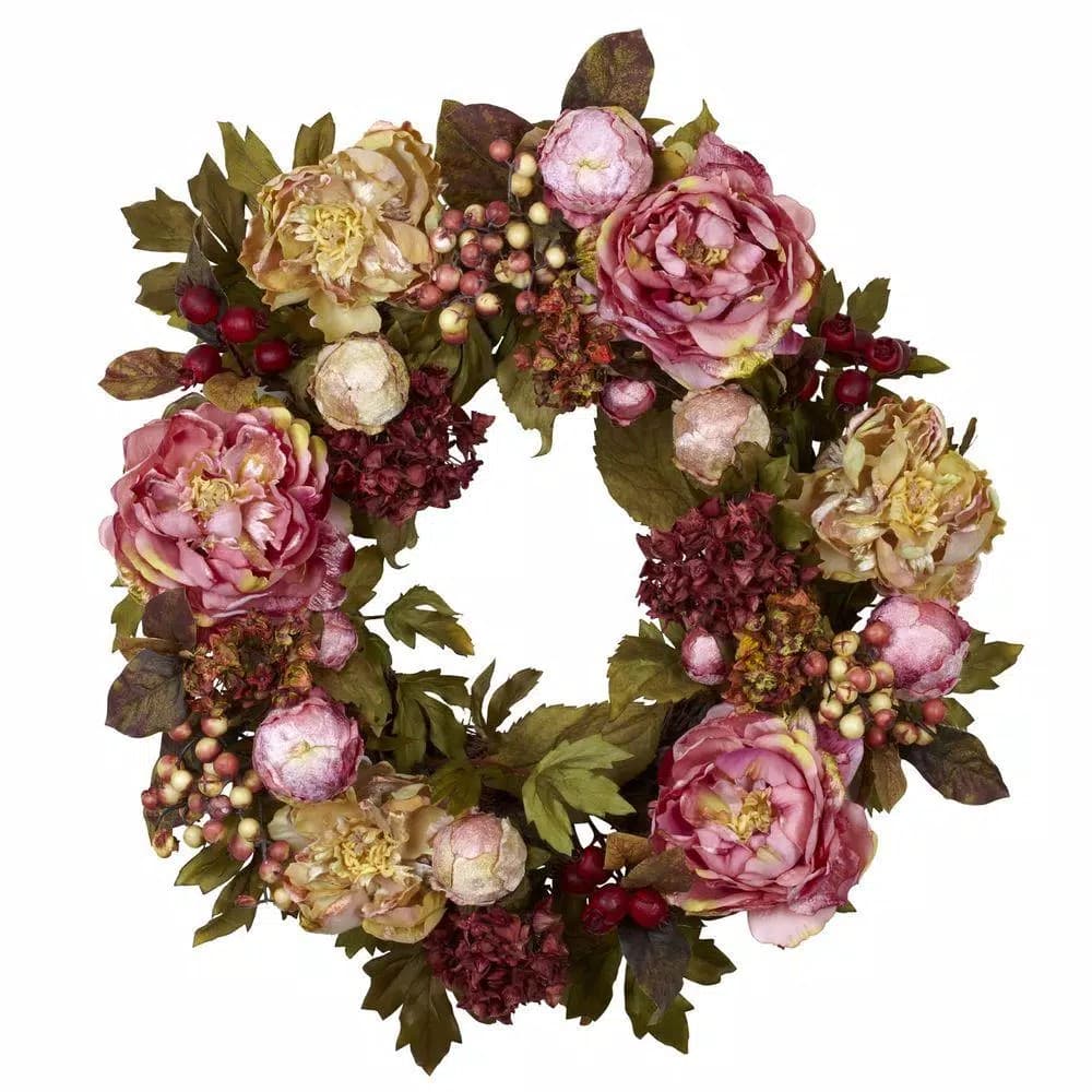 Nearly Natural 24 in. Red Peony Hydrangea Wreath with Berries and Greenery