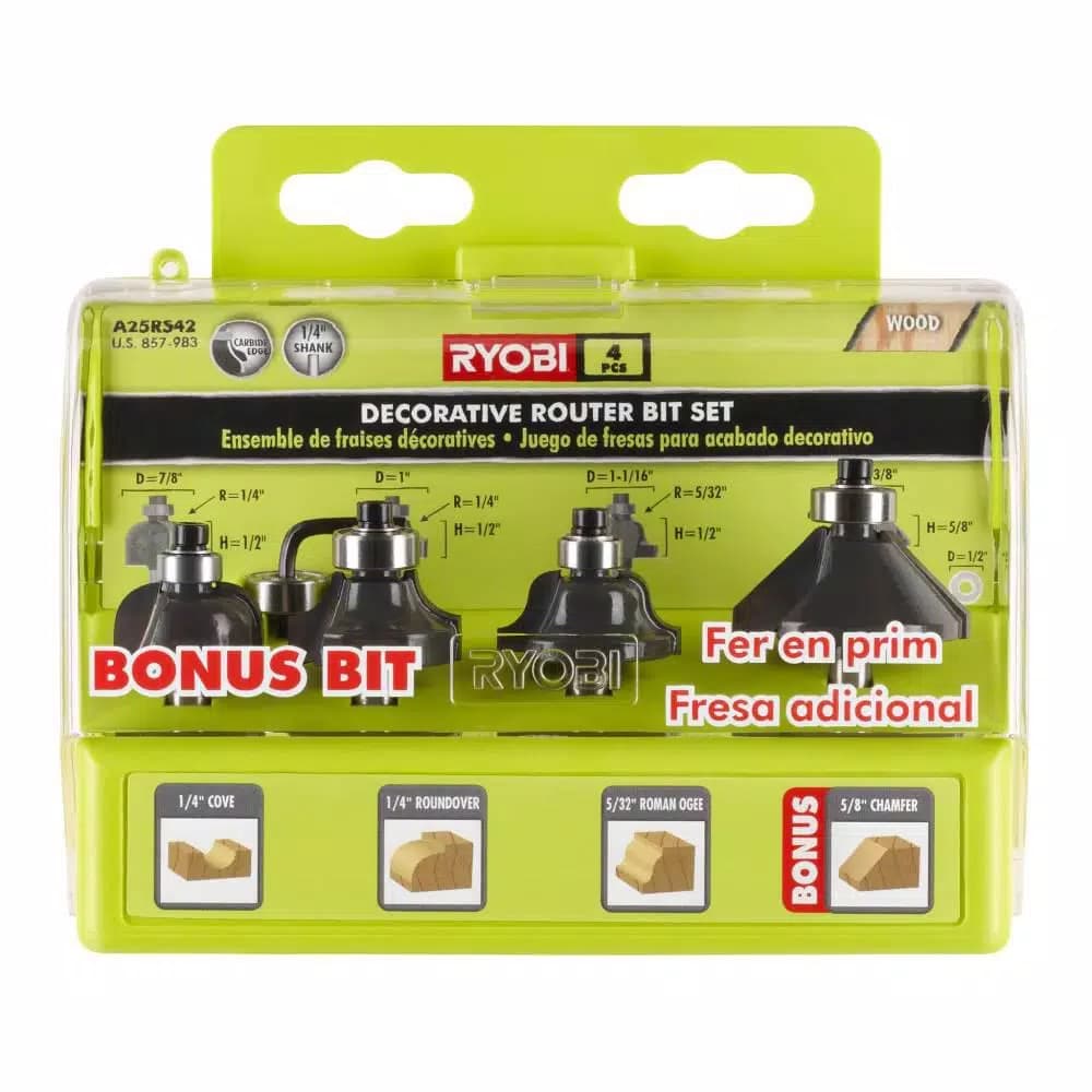 RYOBI 4-Piece Decorative Router Bit Set with Carbide Tipped Edges