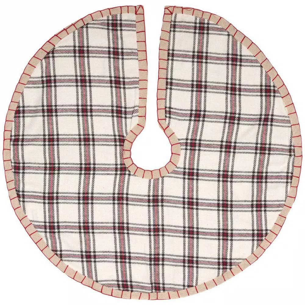 VHC Brands Amory 21 in. Ivory White Plaid Cotton Christmas Tree Skirt