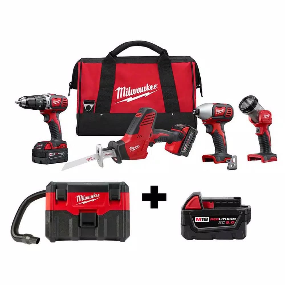 Milwaukee M18 18V Lithium-Ion Cordless 4-Tool Combo Kit with Wet/Dry Vacuum and 5.0 Ah Battery