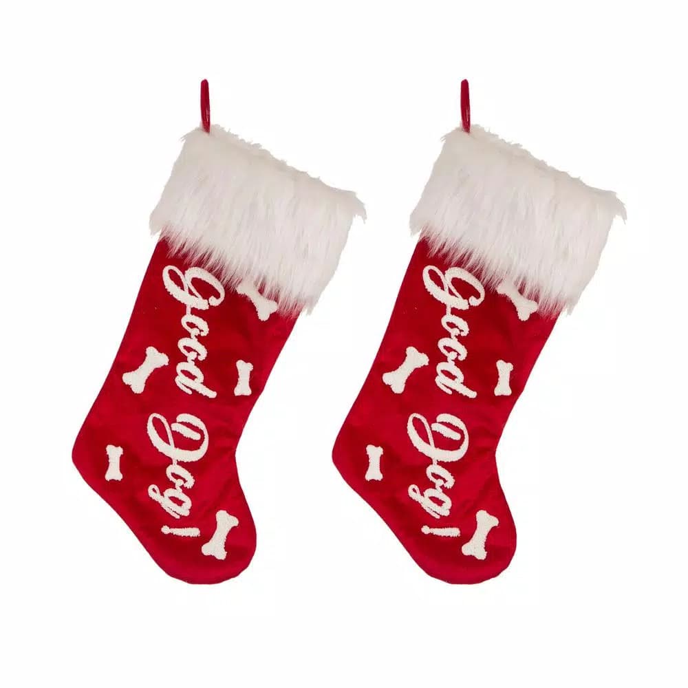 Glitzhome 21 in. Red Polyester Velvet Christmas Stockings with Plush Cuff - Good Dog Print (2-Pack)