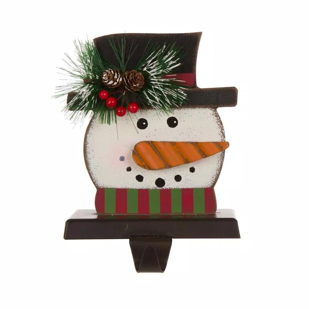 Glitzhome 6.5 in. Snowman Head Wooden and Metal Stocking Holder, Festive Holiday Decor
