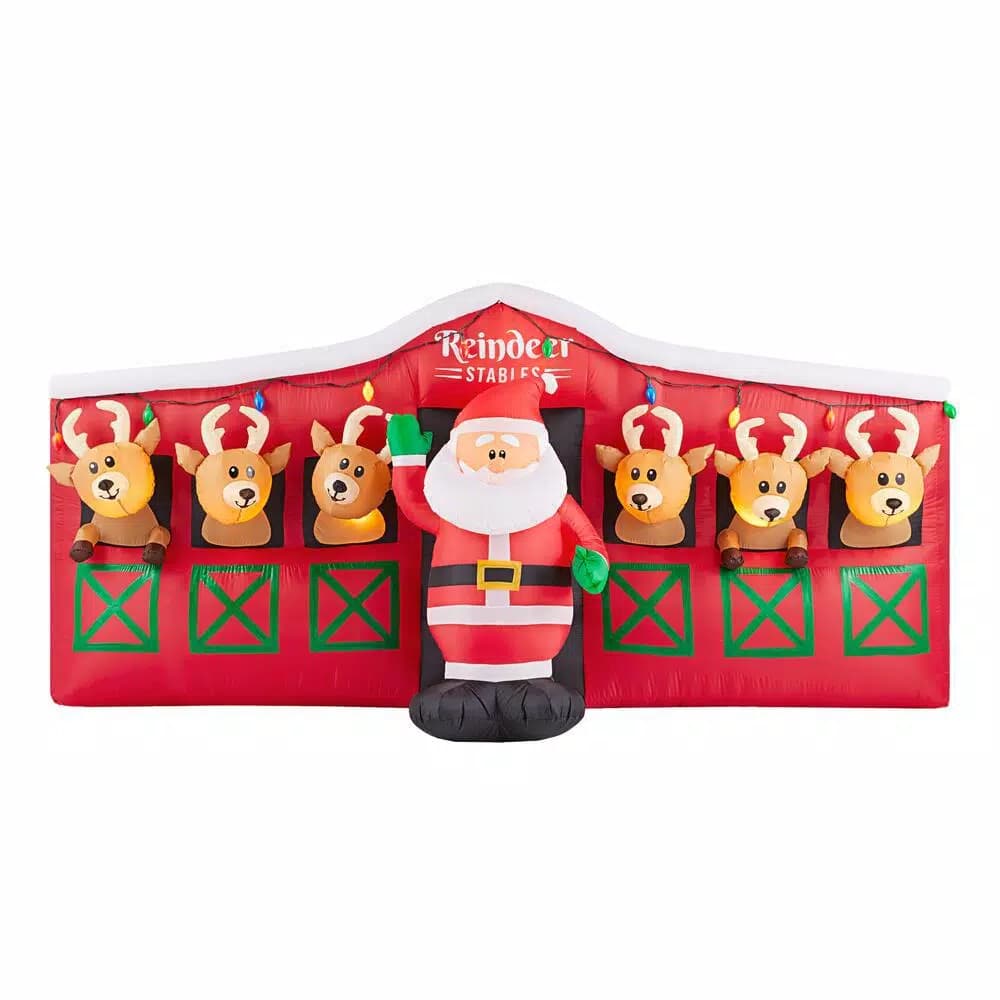 Home Accents Holiday 9 ft LED Inflatable Santa's Stable with Reindeer Holiday Decor