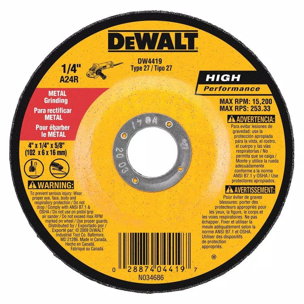DEWALT 4 in. x 1/4 in. x 5/8 in. Aluminum Oxide Metal Grinding Wheel, 24 Grit