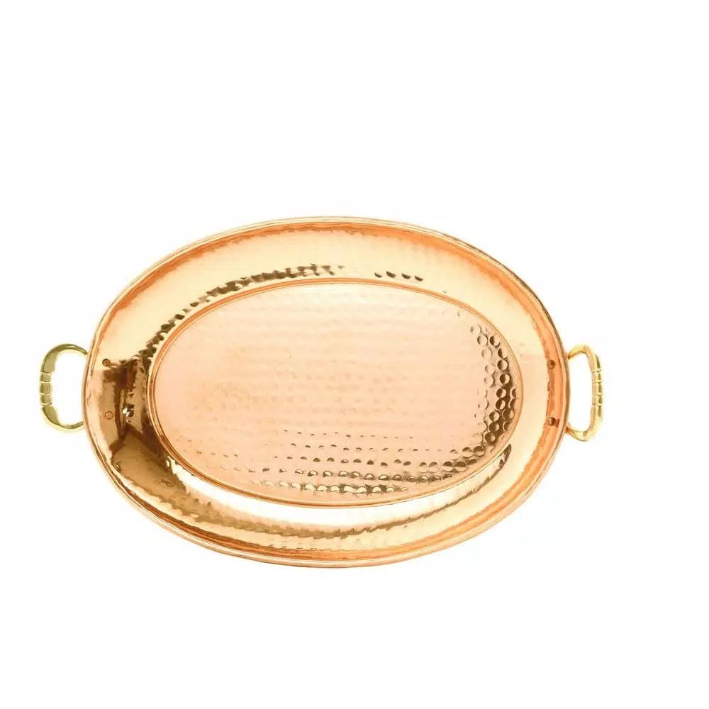 Old Dutch 17 in. x 13 in. Oval Hammered Copper Decor Tray with Cast Brass Handles