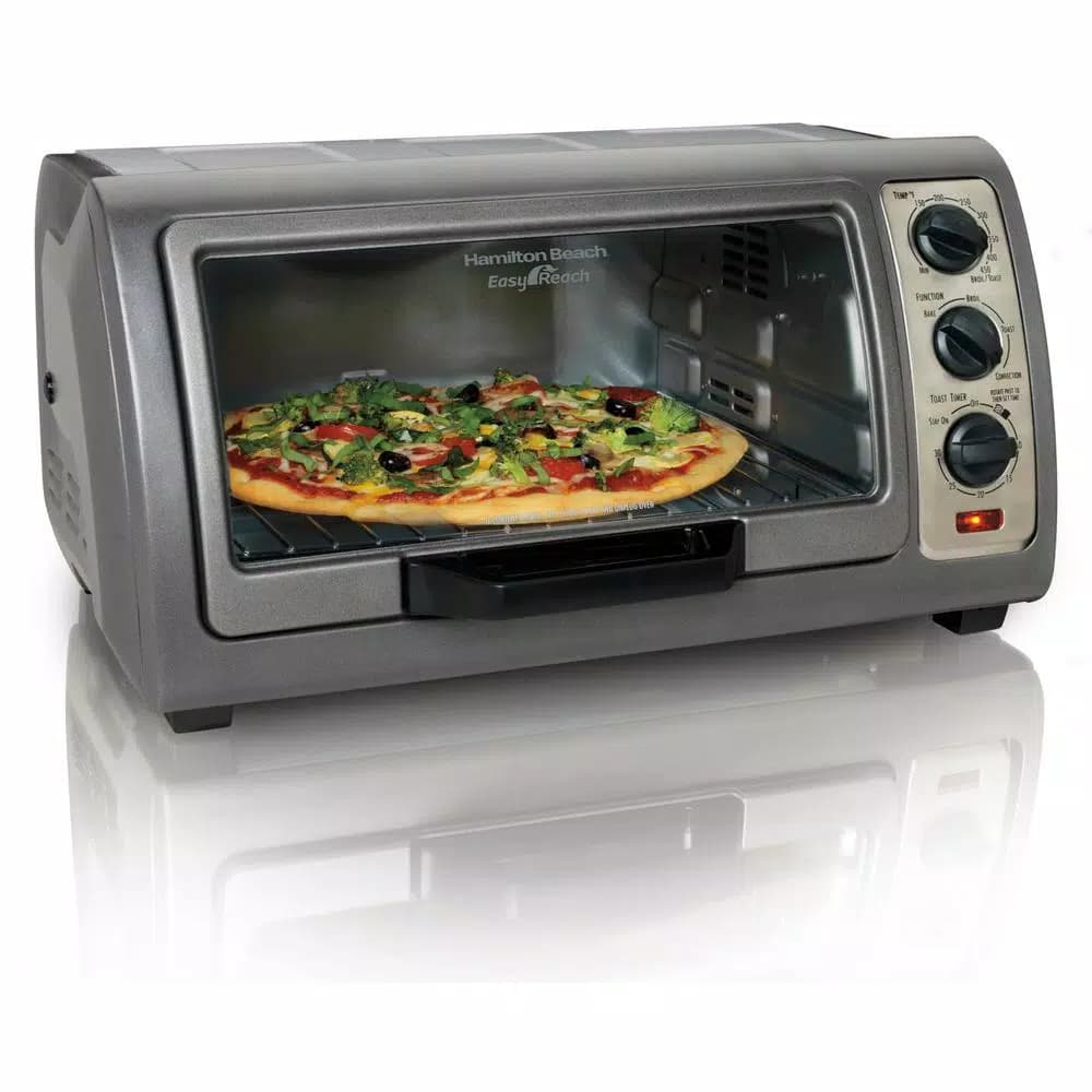 Hamilton Beach Easy Reach 1400W 6-Slice Convection Toaster Oven with Roll-Top Door, Gray