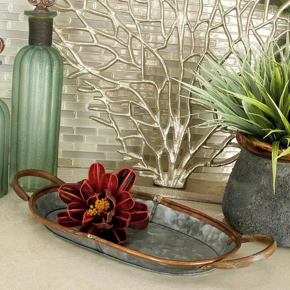LITTON LANE Farmhouse Hammered Gray Galvanized Iron and Copper Oval Decorative Trays, Set of 3
