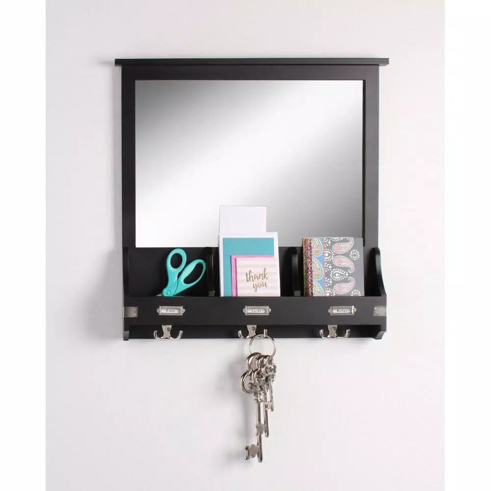 Kate and Laurel Stallard Black Multi-Function Wall Mirror Memo Board with Hooks and Pockets