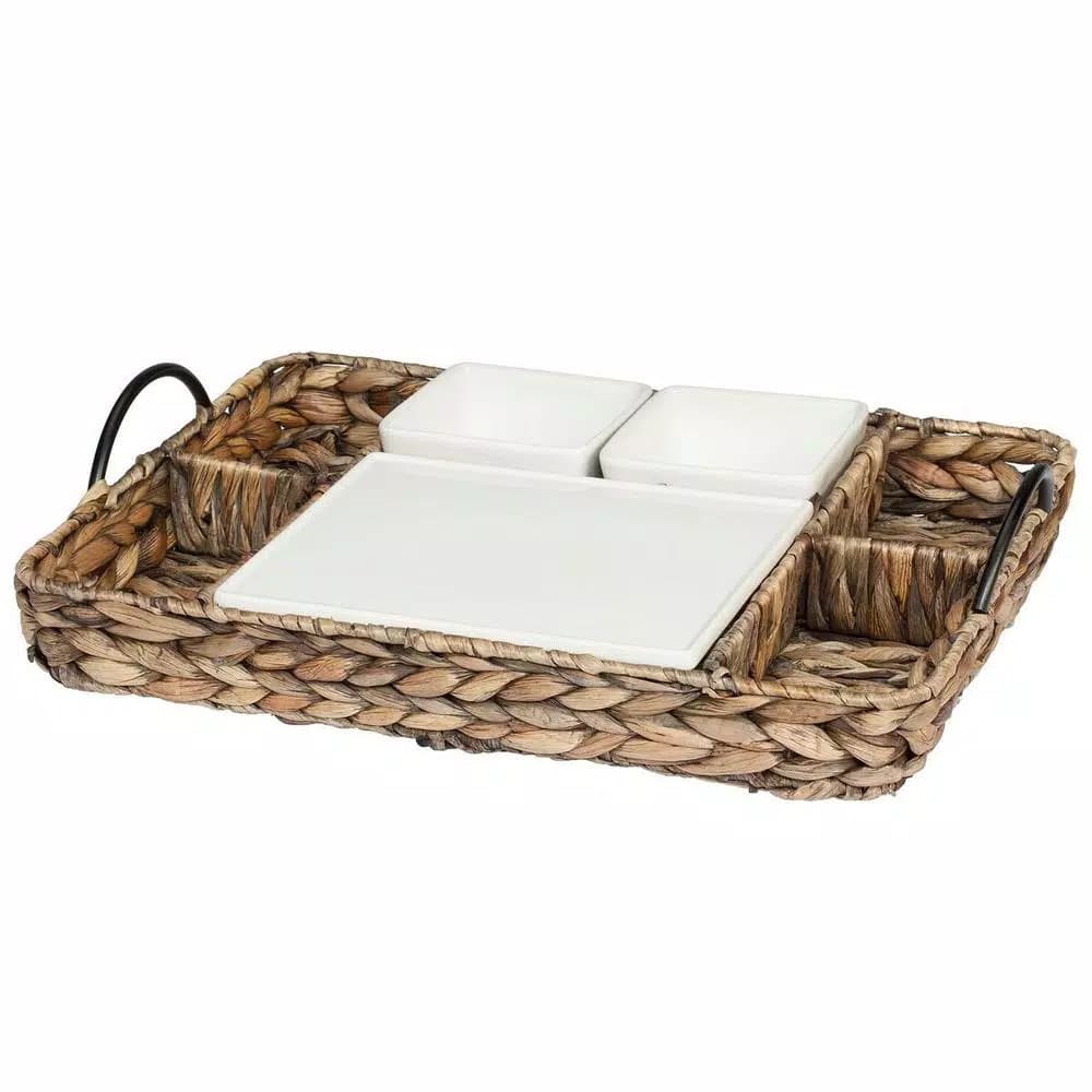 Unbranded CreativeWare Island Breeze Complete Hostess Server Set with Water Hyacinth Basket & Ceramic Bowls