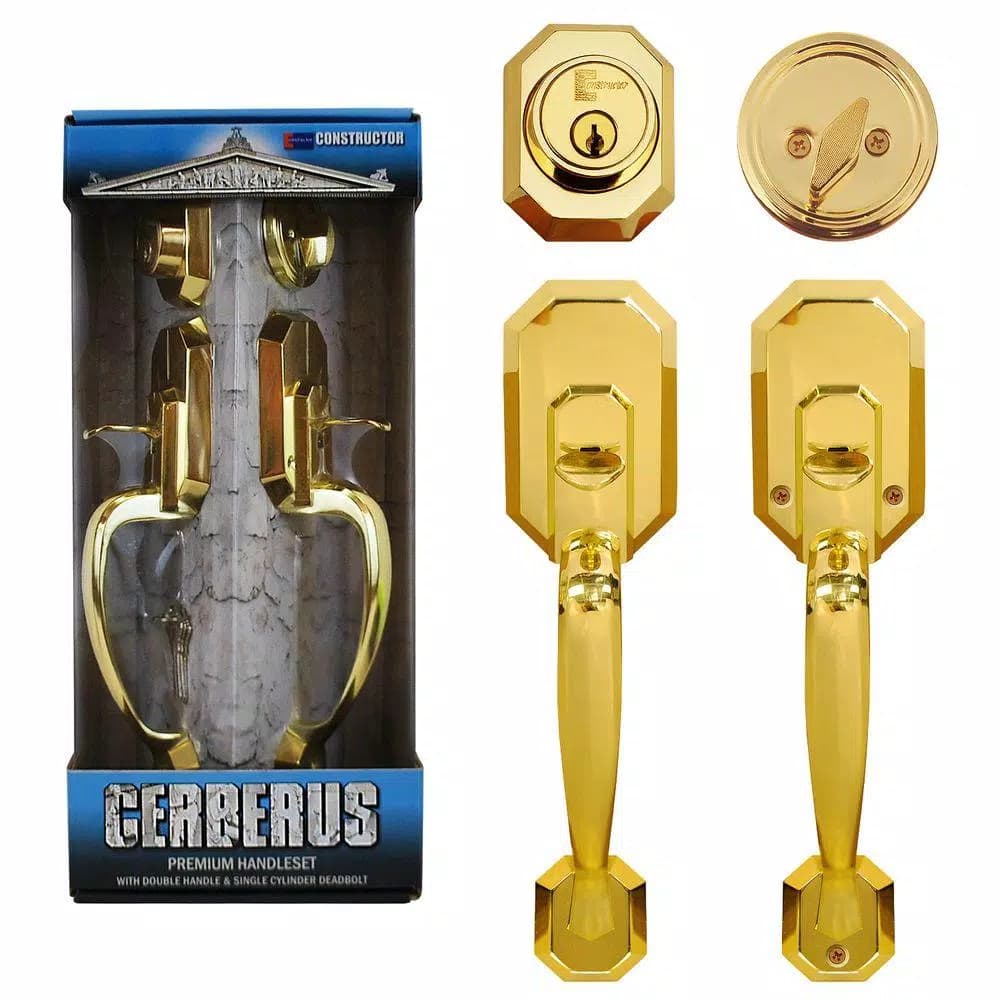 Constructor Cerberus Polished Brass Entry Door Handleset with Double Handle and Single Cylinder Deadbolt
