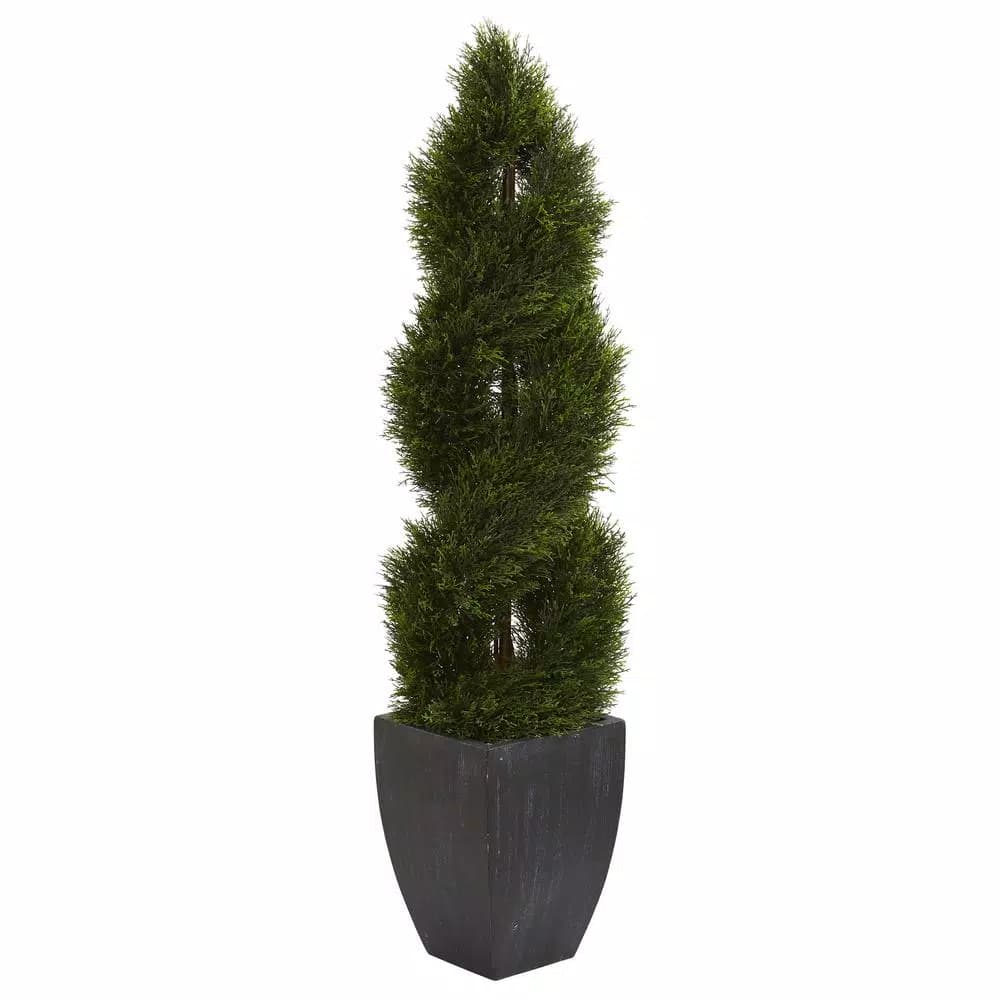 Nearly Natural 5 ft. Artificial Double Pond Cypress Spiral Topiary in Black Wash Planter