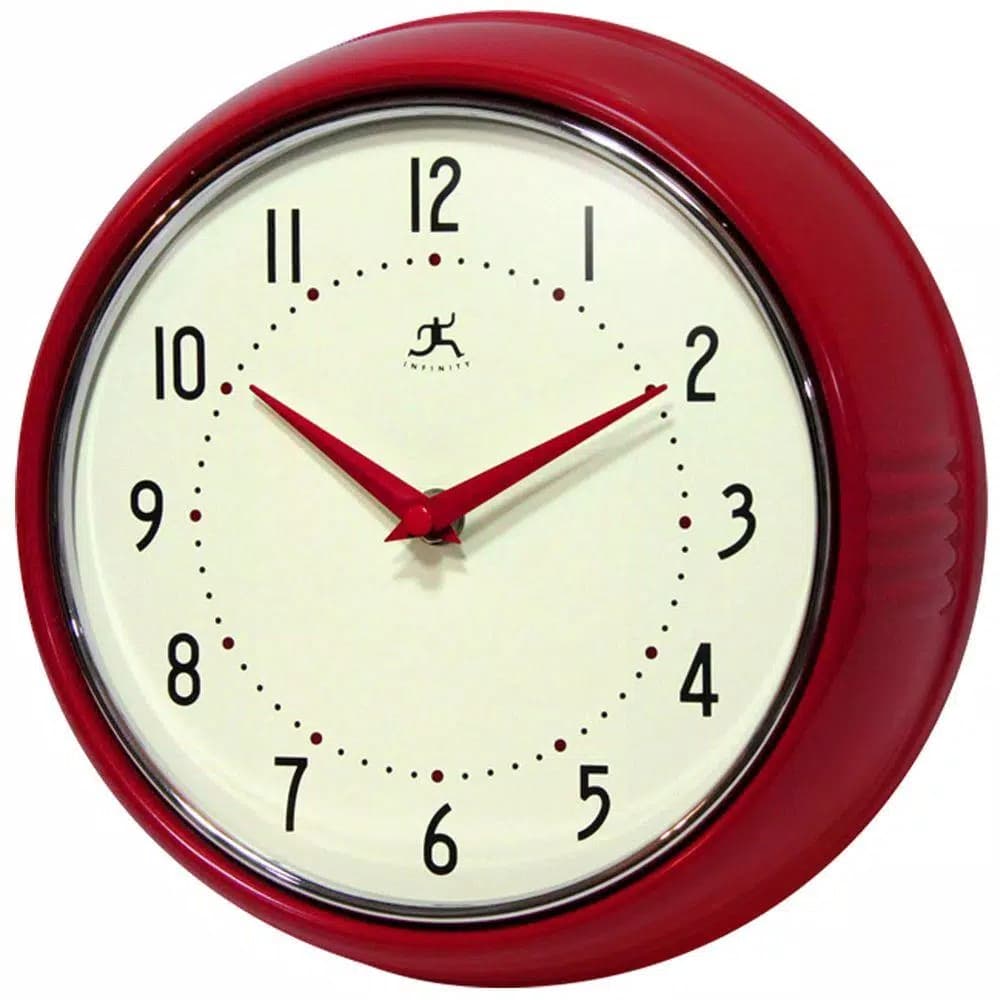Infinity Instruments 9.5 in. Red Retro Round Metal Wall Clock