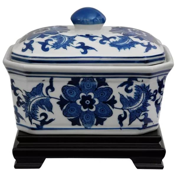 Oriental Furniture 5 in. Blue and White Porcelain Decorative Vase with Lid