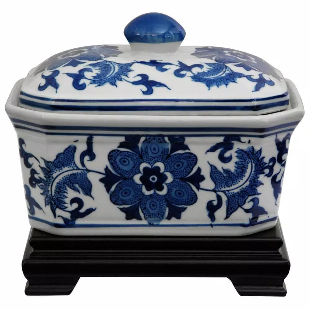 Oriental Furniture 5 in. Blue and White Porcelain Decorative Vase with Lid