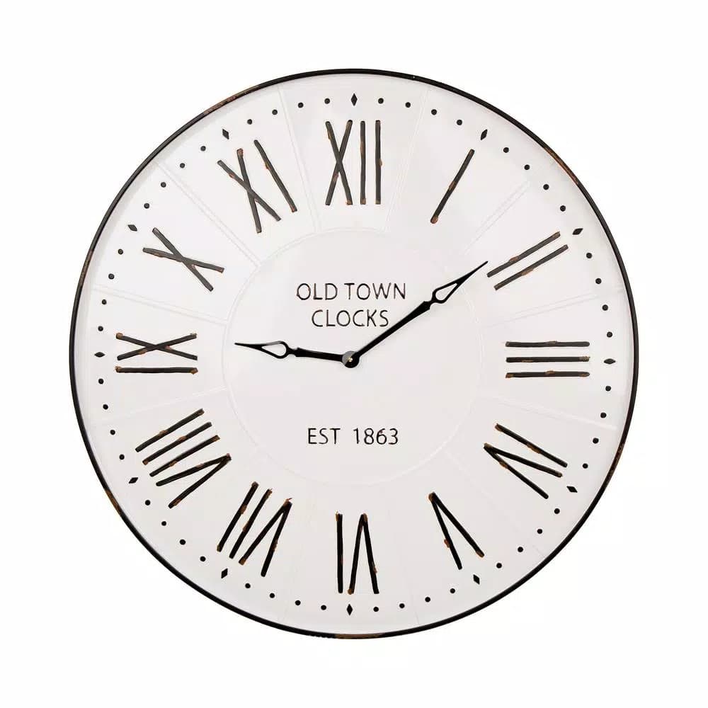 Glitzhome 31.5 in. Oversized Farmhouse Metal Enamel Wall Clock - Antique White