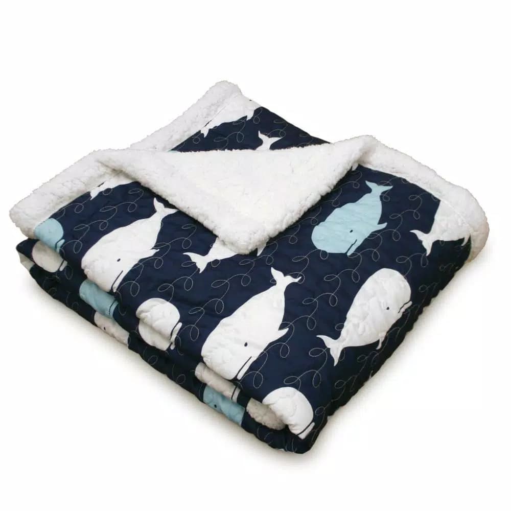 Lush Decor Whale Navy Sherpa Reverse Throw Blanket, Blue Animal Print Microfiber