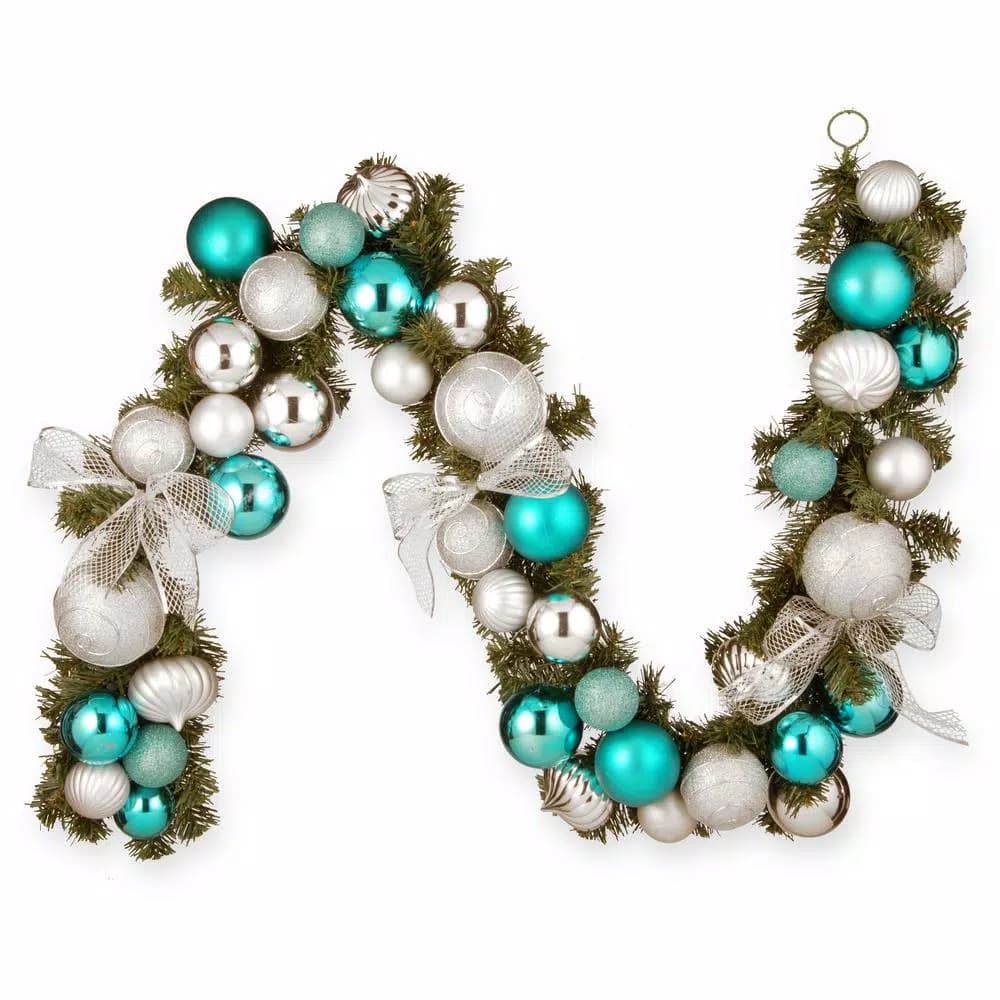 Unbranded 6 ft. Silver and Blue Ornament Evergreen Garland with Lace Ribbon Bows