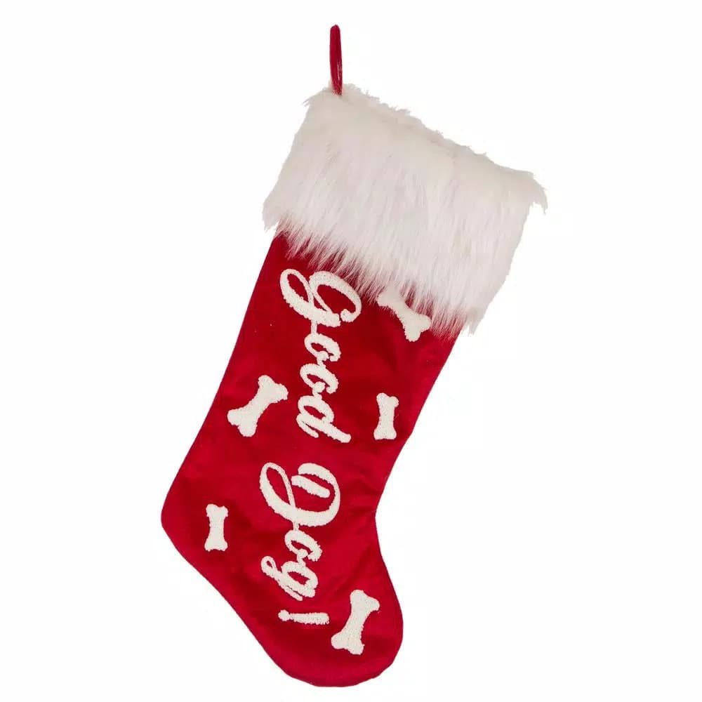 Glitzhome 22 in. Red Velvet Christmas Stocking with White Plush Cuff - Good Dog Print
