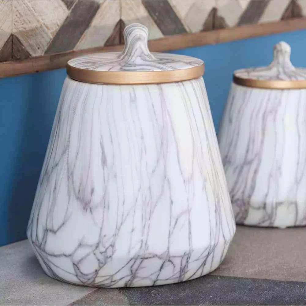 CosmoLiving by Cosmopolitan Modern Reflections 10 in. White and Gray Marble Ceramic Vase with Gold Rim