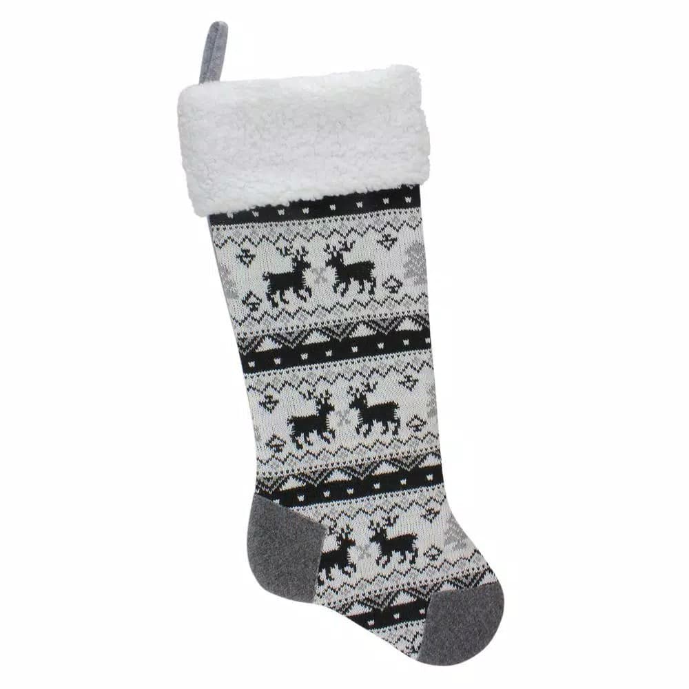 Northlight 23.25 in. Rustic Lodge Knit Christmas Stocking with Sherpa Cuff - Black, Gray, and White