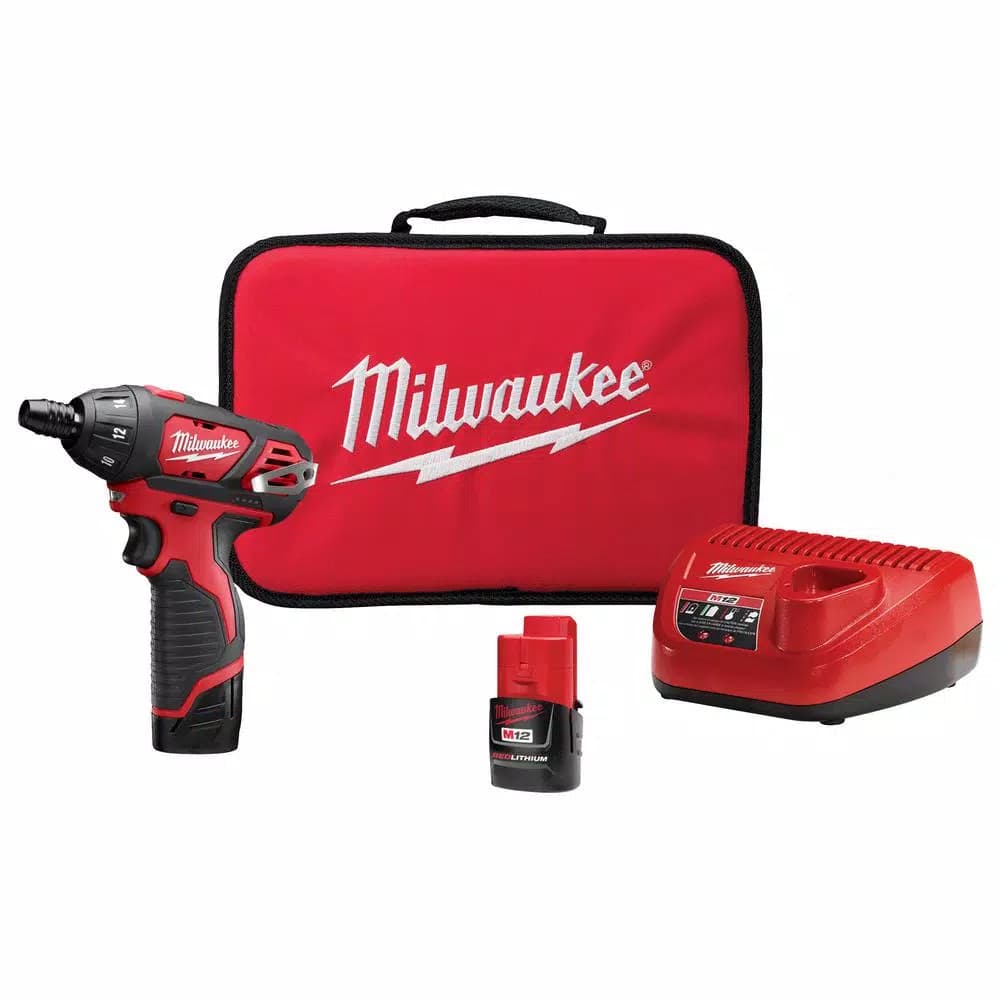 Milwaukee M12 12V Lithium-Ion Cordless 1/4 in. Hex Screwdriver Kit with Two 1.5 Ah Batteries, Charger and Bag