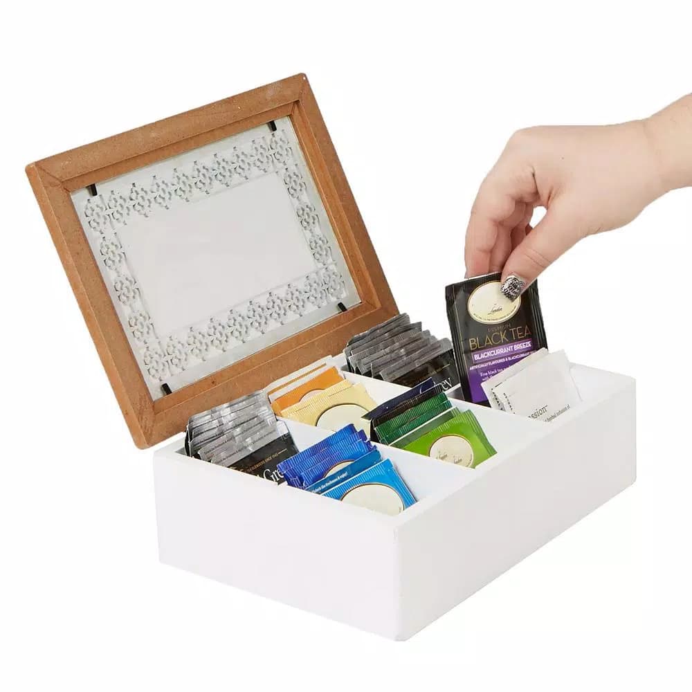 Mind Reader Brown Wood Pattern Tea Box Organizer with Glass Window