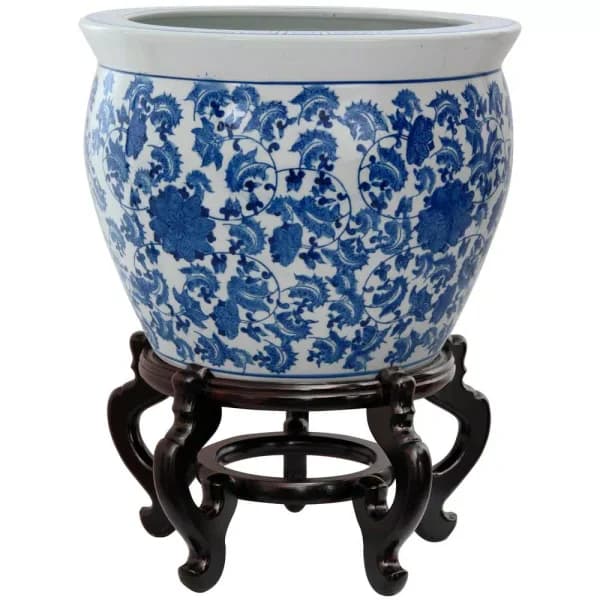 Oriental Furniture 16 in. Blue and White Porcelain Floral Fishbowl Jardiniere