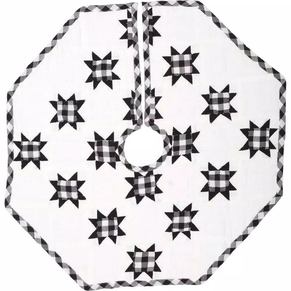 VHC Brands Emmie 21 in. Black and White Patchwork Christmas Tree Skirt, Hand-Quilted Cotton