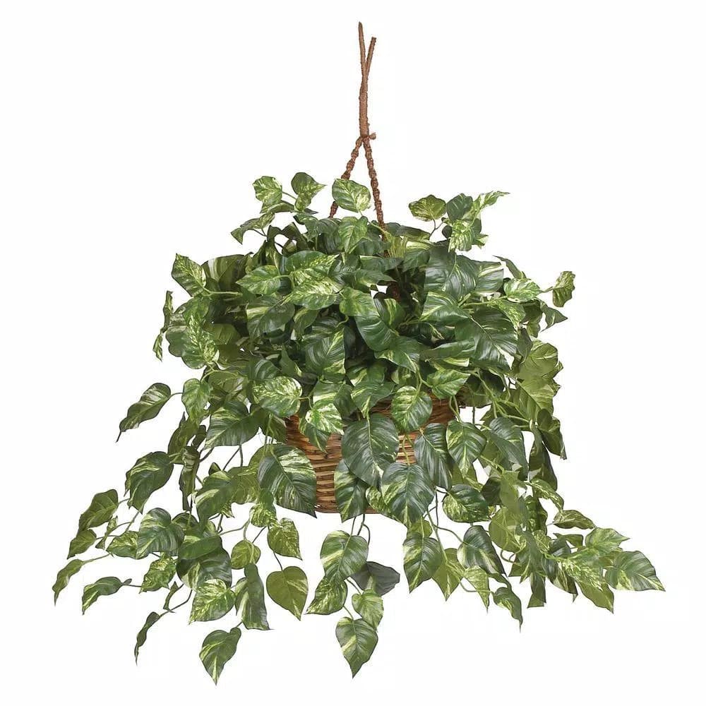 Nearly Natural Lifelike Pothos Silk Plant in Woven Roped Hanging Basket