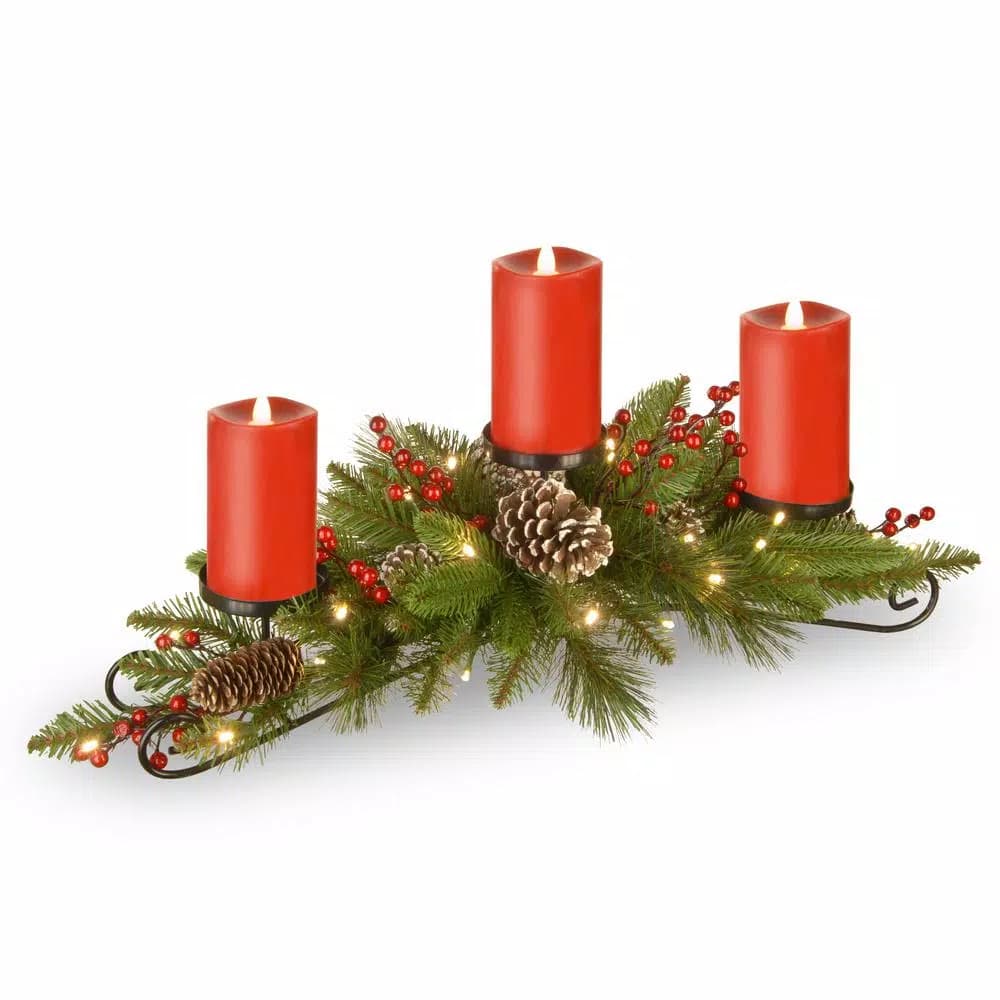 National Tree Company 30 in. Feel Real Bristle Berry Centerpiece with 3 Remote Control Electronic Candles and LED Lights