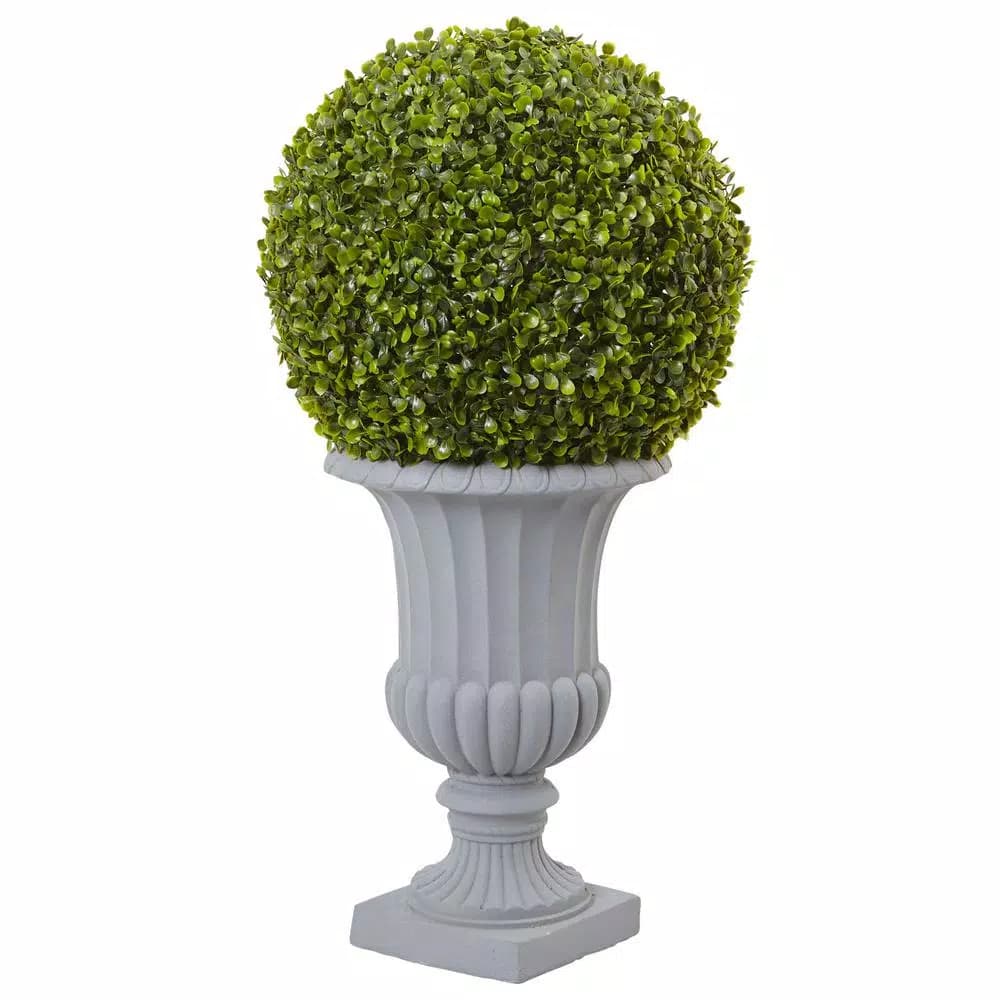Nearly Natural 2.5 ft. Boxwood Topiary with Gray Urn - Indoor/Outdoor Artificial Floor Plant