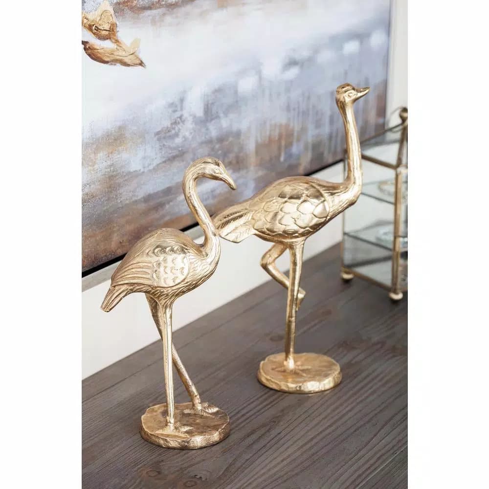 LITTON LANE 14 in. Flamingo Aluminum Decorative Sculpture Set in Gold (Set of 2)