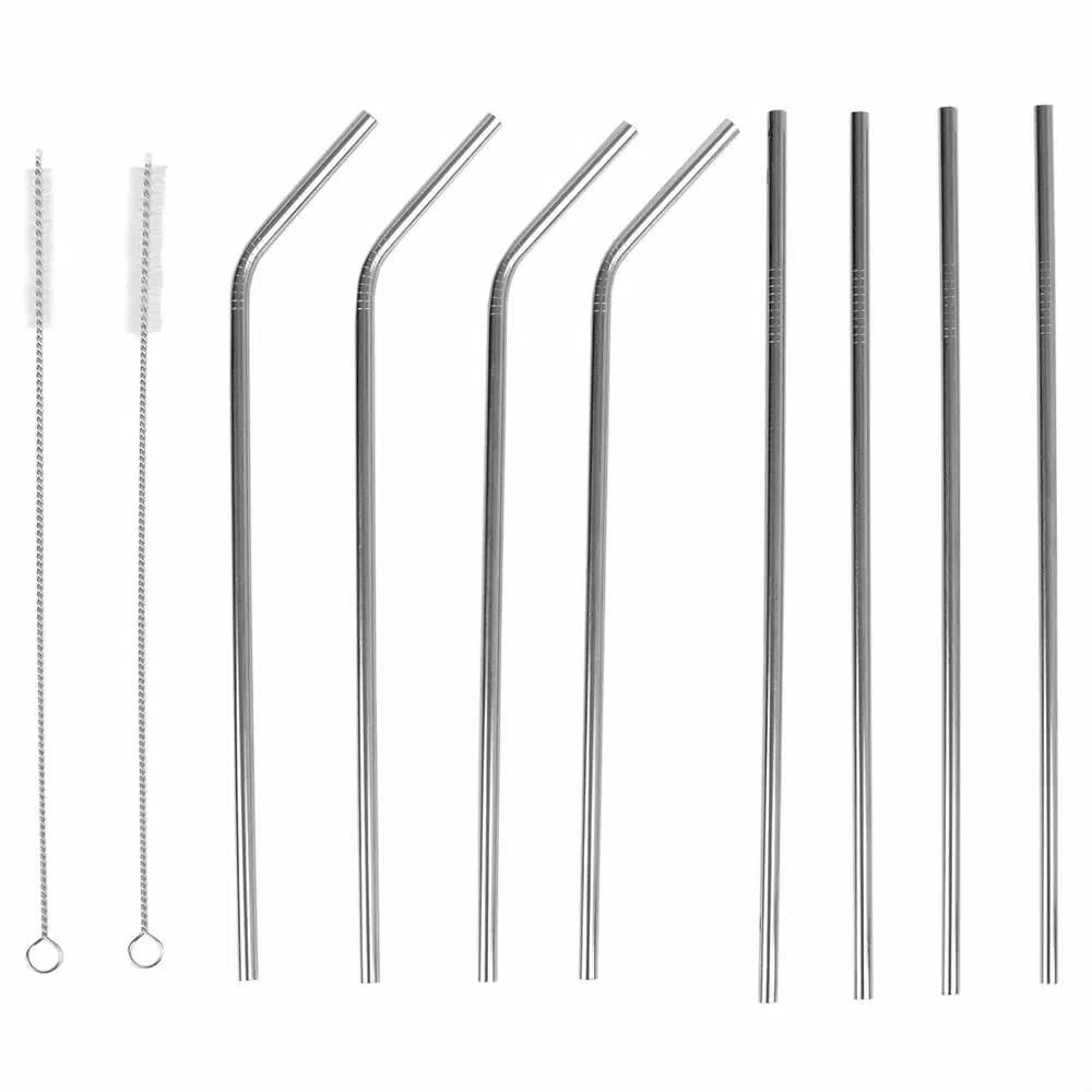 Unbranded Silver Reusable Stainless Steel Drinking Straw Set - 8 Piece Set with Cleaning Brushes