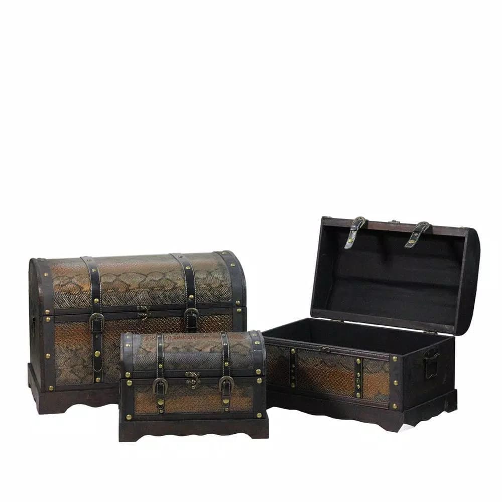 Northlight Antique Brown Wood and Faux Snakeskin Decorative Storage Box Set, 3-Piece