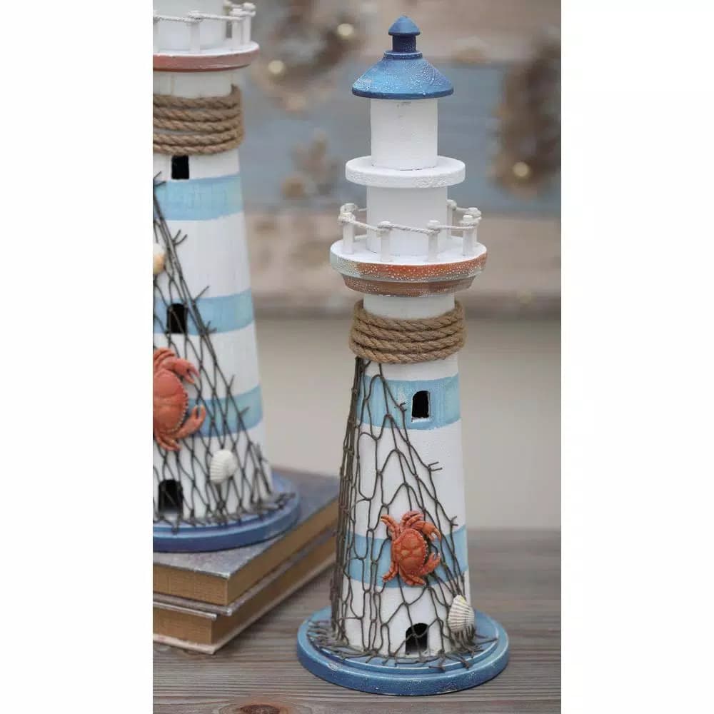 LITTON LANE 16 in. Coastal Living White Wooden Lighthouse Sculpture with Aquamarine Cap