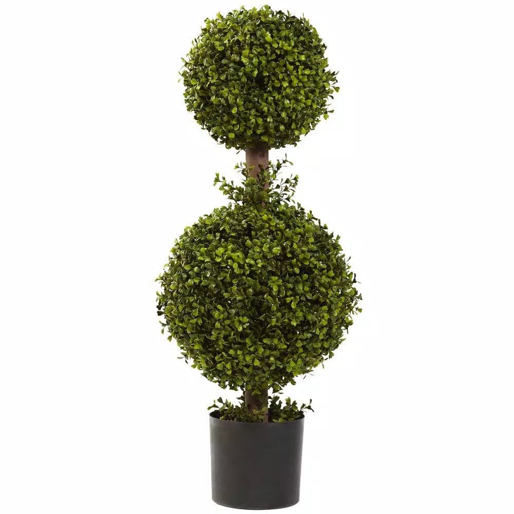 Nearly Natural 35 in. Double Boxwood Topiary in Black Plastic Pot