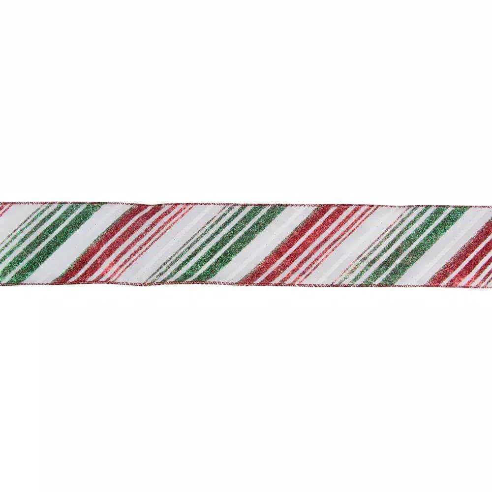 Northlight Red and Green Diagonal Glitter Stripe Wired Craft Ribbon, 2.5 in. x 16 yds.