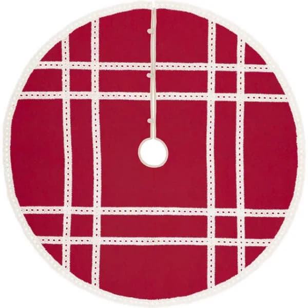 VHC Brands 55 in. Red Margot Farmhouse Christmas Tree Skirt with Diamond Lace and Creme Chambray