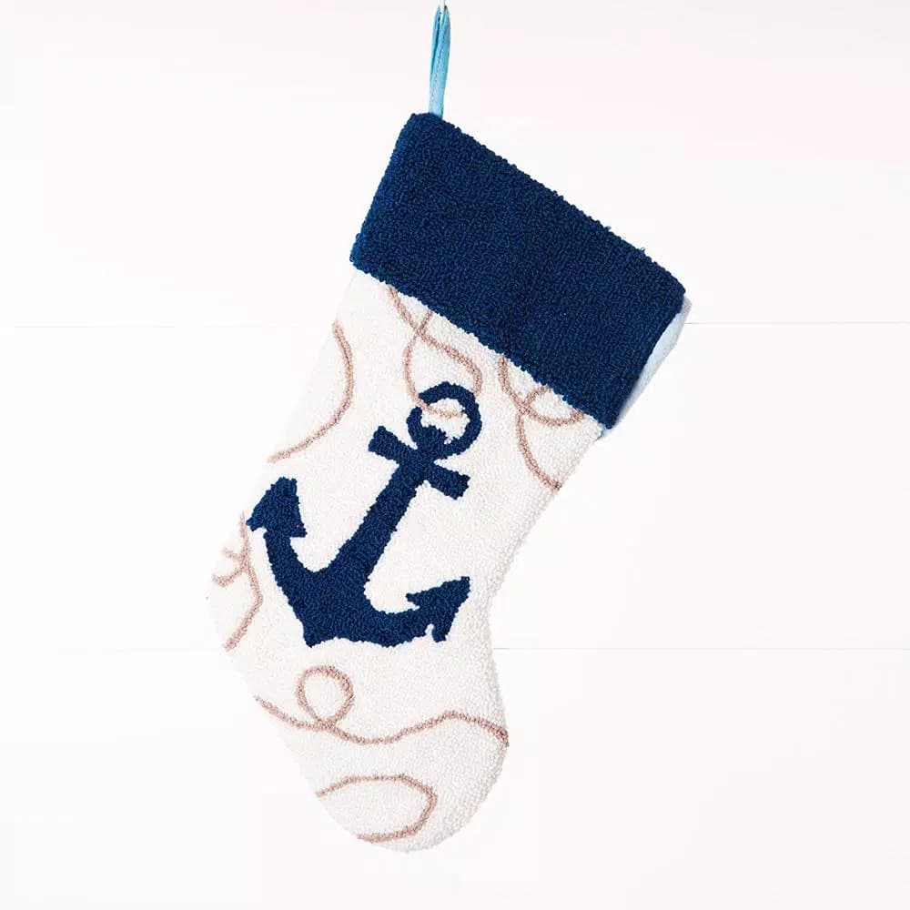 Glitzhome 19 in. Nautical Anchor Hooked Christmas Stocking, Navy Blue and White