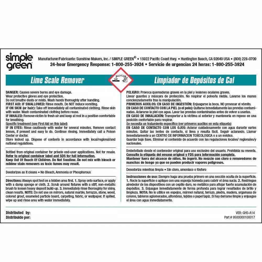 Simple Green Lime Scale Remover Secondary Labels, Bilingual, 10-Pack