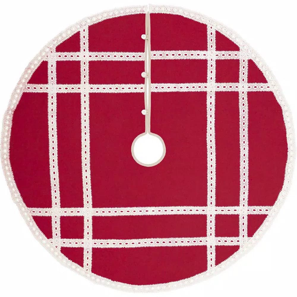 VHC Brands 48 in. Red Margot Farmhouse Christmas Tree Skirt with Diamond Cut Lace
