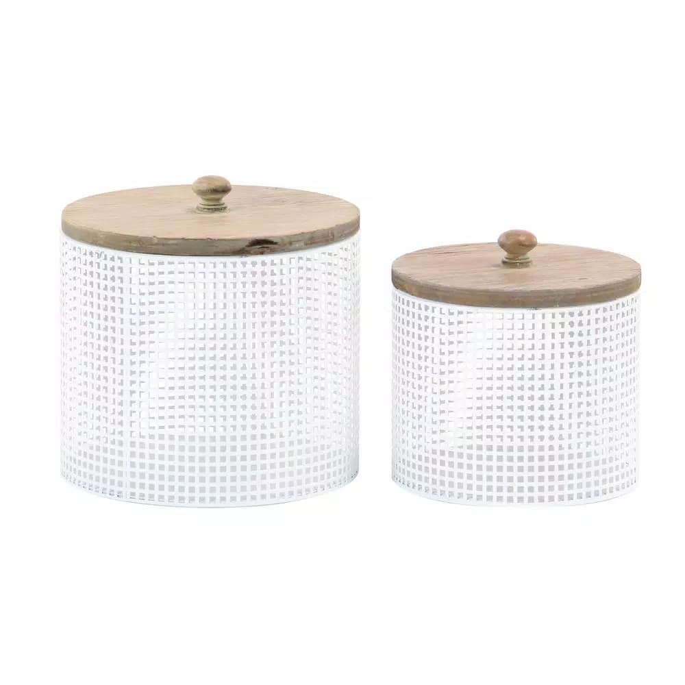 LITTON LANE White Iron Mesh Round Canisters with Wooden Lids, Set of 2